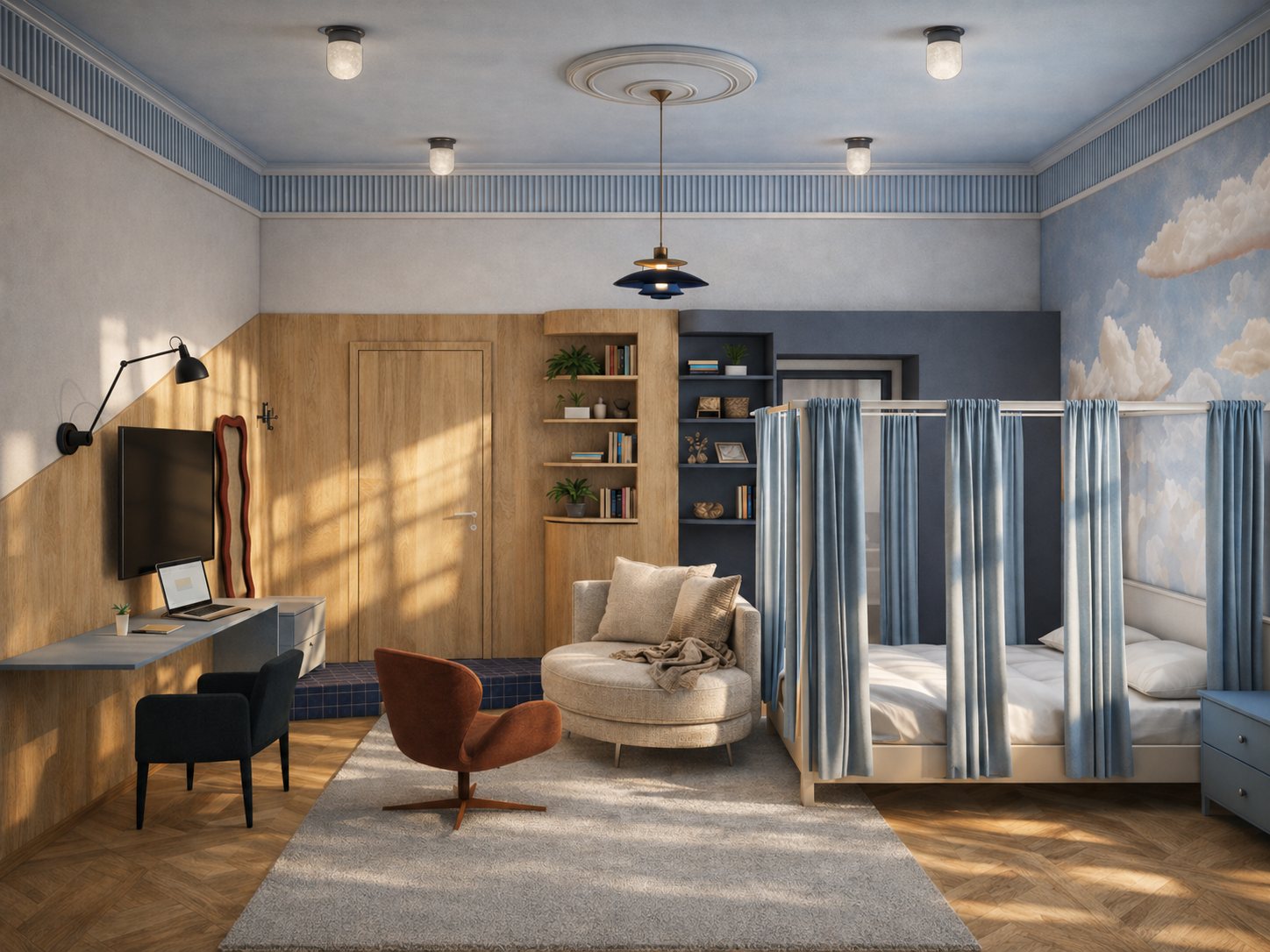 Micro-apartment with cloud mural and canopy beds