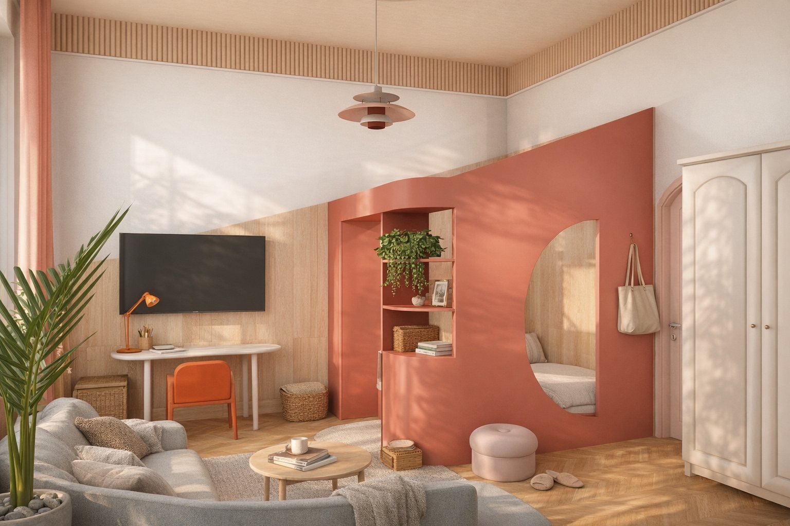 Micro-apartment living space with built-in sleeping nook