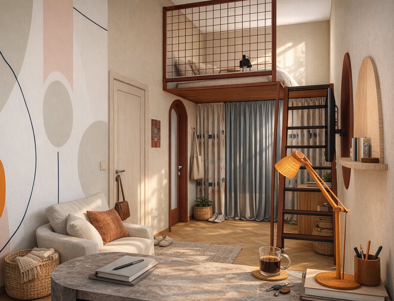 Loft micro-apartment with elevated sleeping area