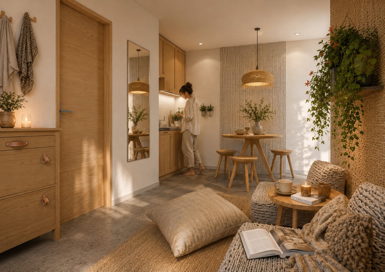 Stúdiólakás konyhája és nappalija