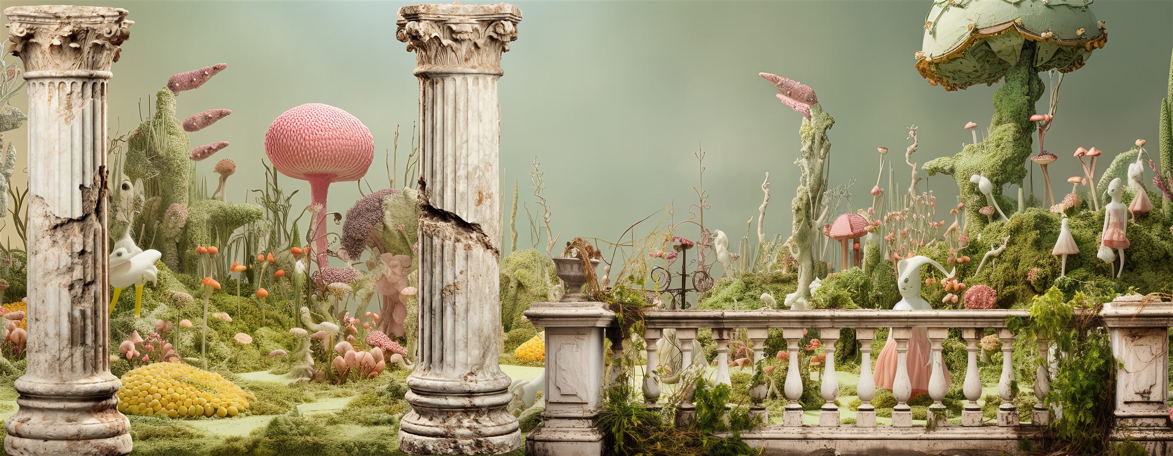 Panoramic view of the AI-generated wallpaper — classical columns, surreal botanical landscape