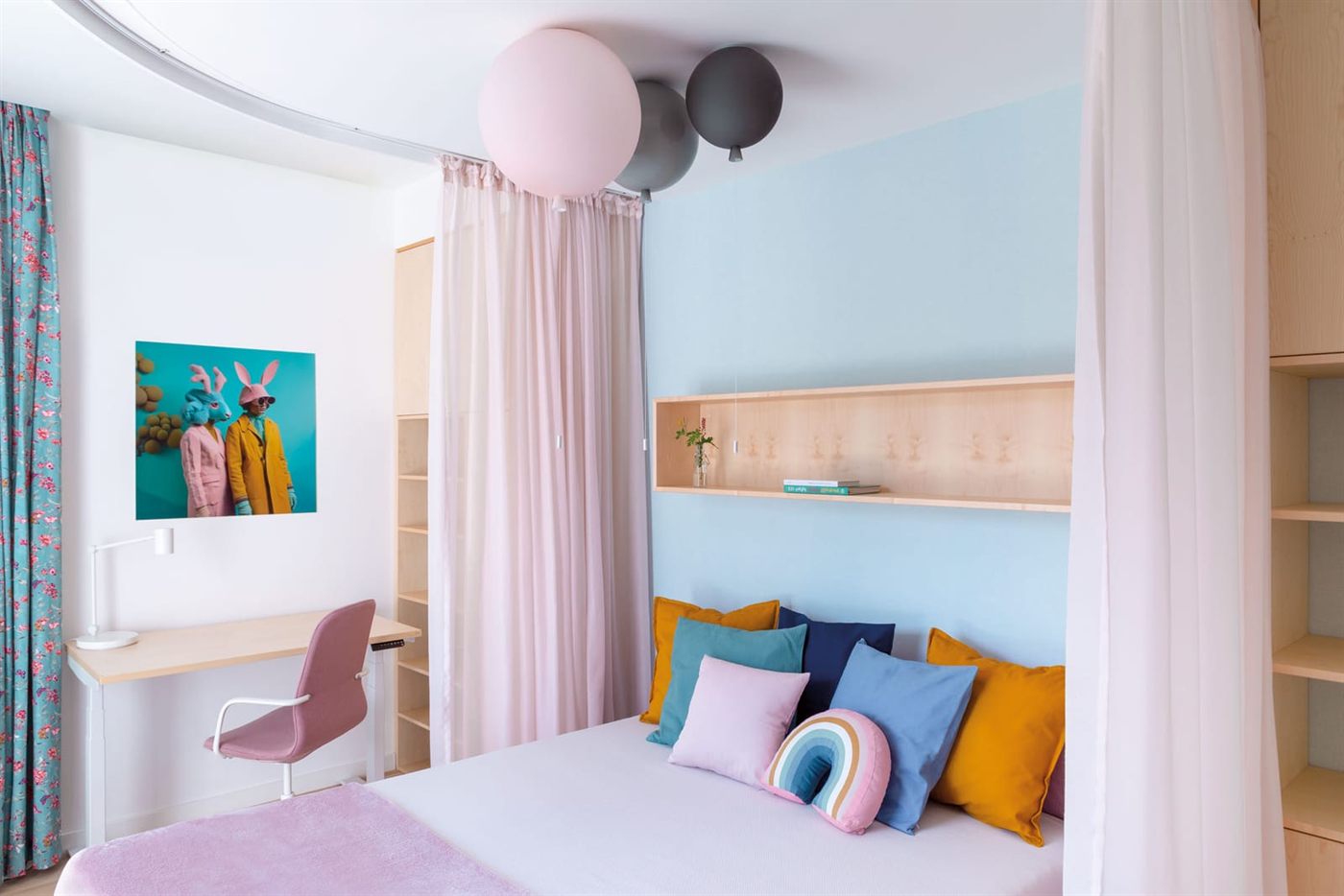 Teenage room with canopy bed, colourful pillows, and AI art on wall
