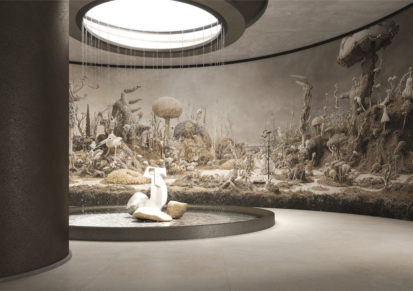 Biosphere wallpaper — earthy landscape with fountain and sculptural forms