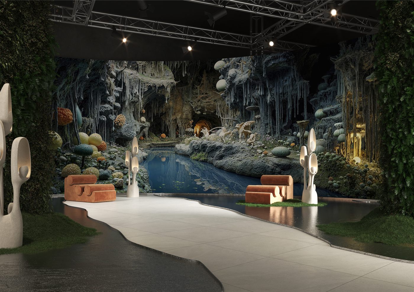 Lithosphere wallpaper — grotto with stalactites, pool, and sculptural lighting