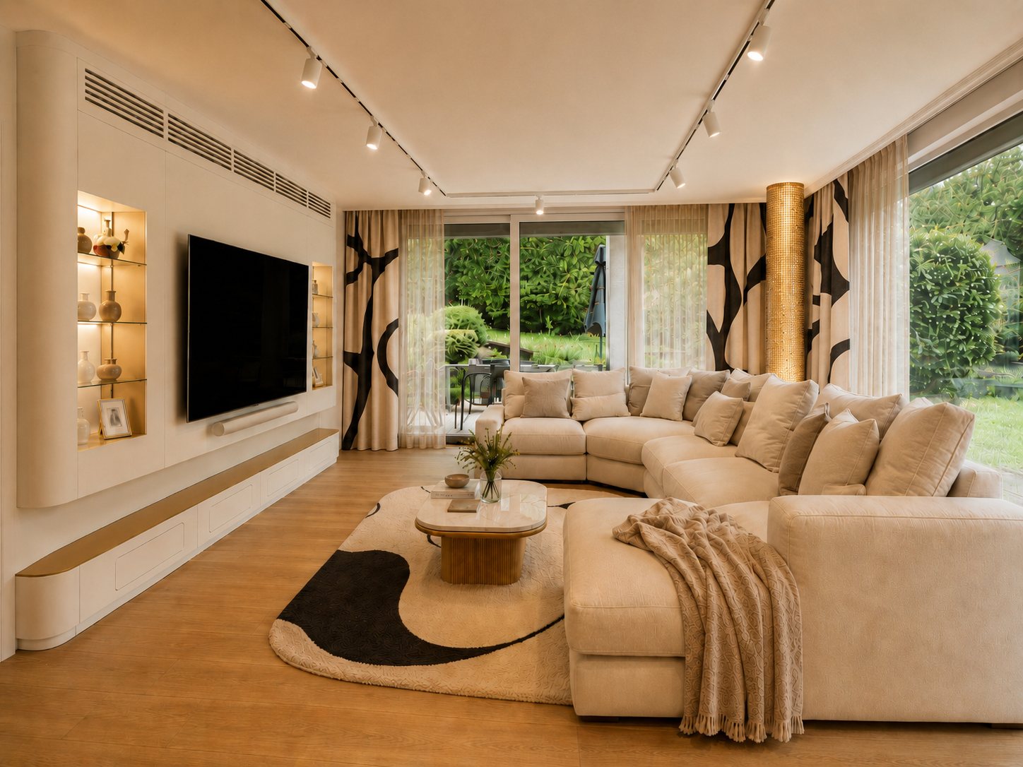Living room with warm white palette and hidden lighting