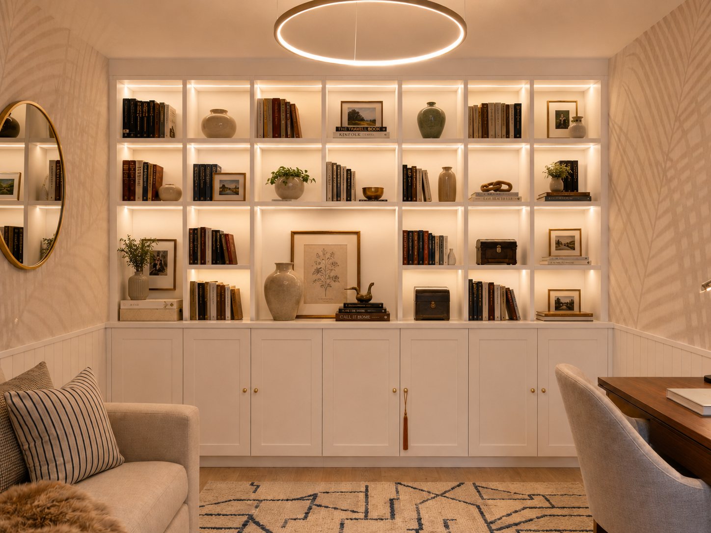 Study wall with illuminated shelving