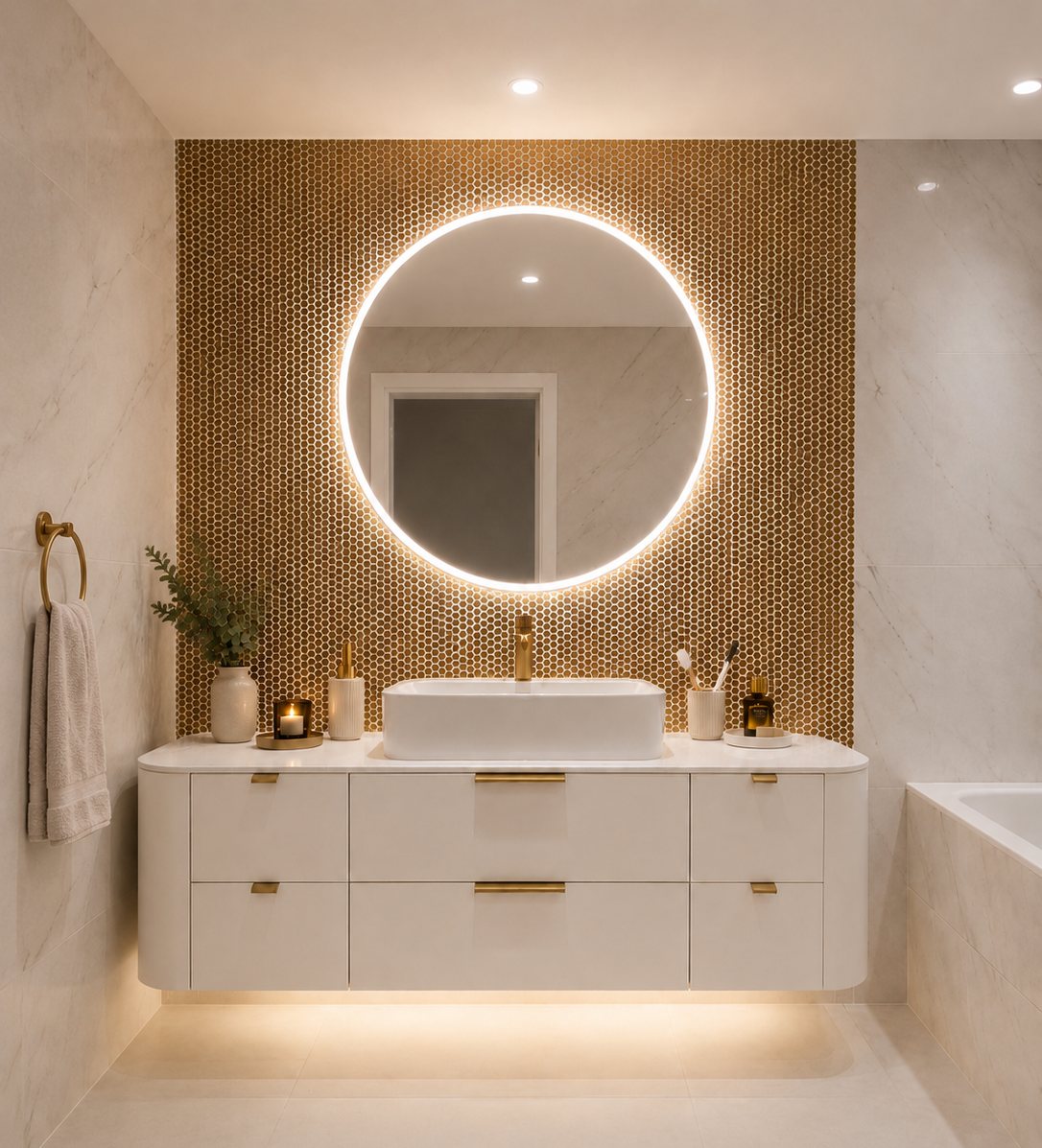 Bathroom with round mirror and warm mosaic wall